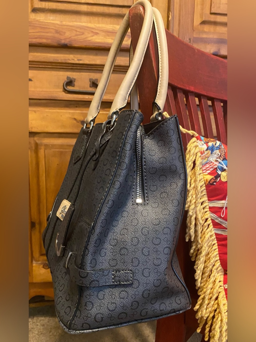 Guess Monogram Satchel Bag Y2K Charcoal Black Beige Top Handle - Picture 3 of 16